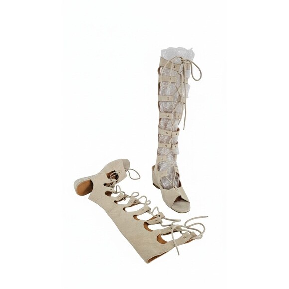 Women’s Knee-High Gladiator Sandals, Soft Suede Leather, Lace-Up Beige  Size 37 - Picture 3 of 7